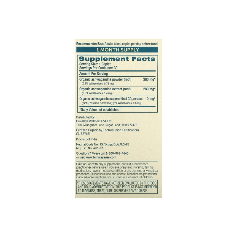 HIMALAYA ORGANIC ASHWAGANDHA 30 cápsulas